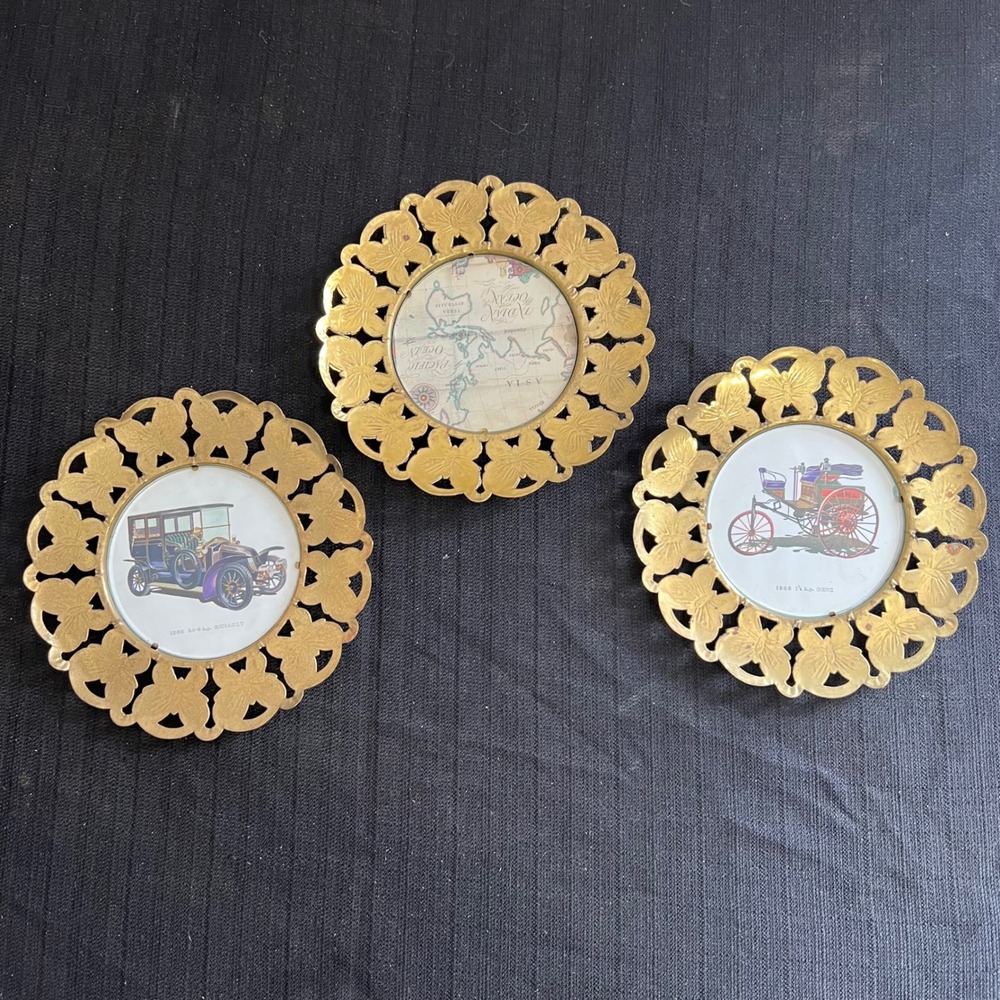 Vintage Brass Butterfly Framed Art Set 3 1888 Benz 1906 Renault World Map 5.25in